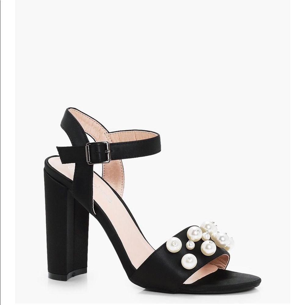 Black Satin Heels with Pearls